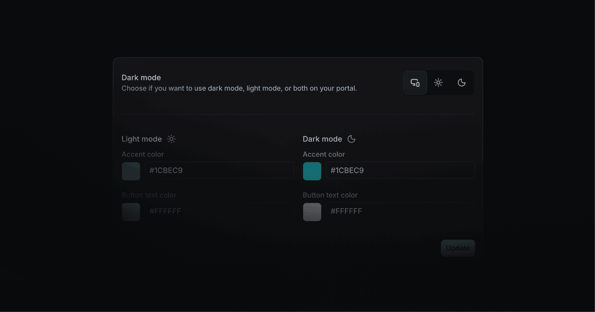 Dark mode theme settings showing light and dark mode accent color configuration